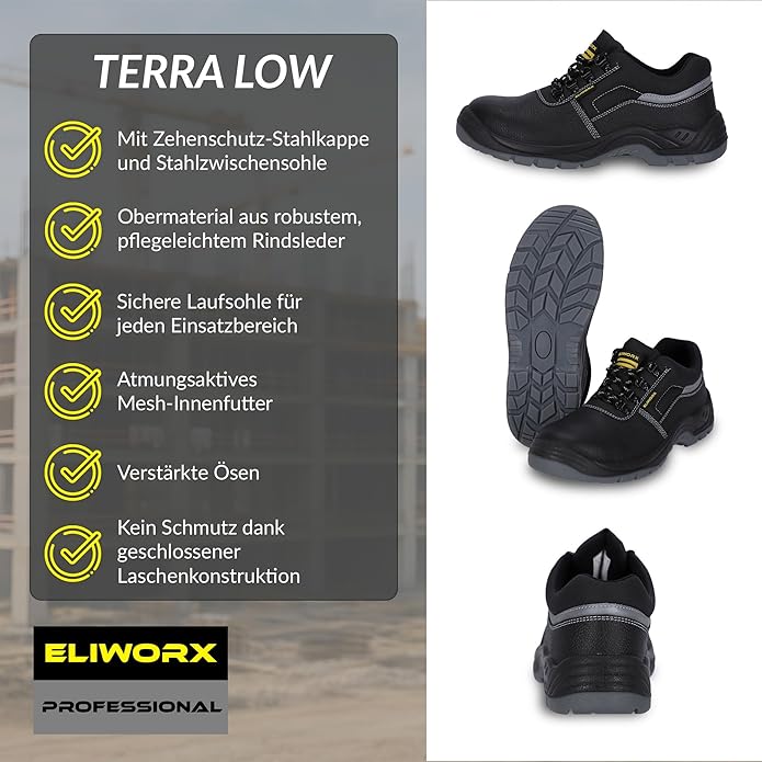 ELIWORX Sicherheitsschuhe Herren S3 SR – Arbeitsschuhe aus Rindsleder – Terra Low – mit Stahlkappe & durchtrittsicherer Sohle – rutschhemmend & atmungsaktiv