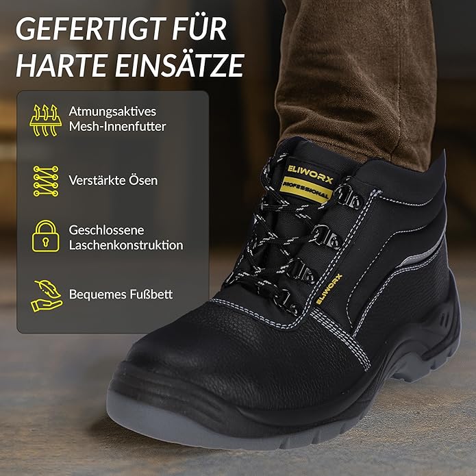ELIWORX Sicherheitsschuhe Herren S3 SR – Arbeitsschuhe aus Rindsleder – Terra High – mit Stahlkappe & durchtrittsicherer Sohle – rutschhemmend & atmungsaktiv