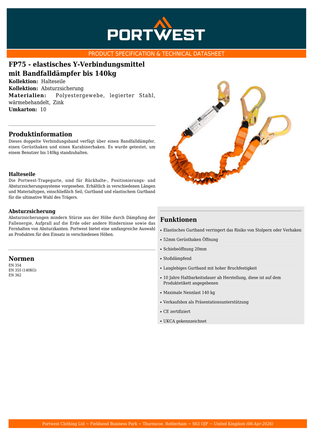 FP75 Y-Verbindungsmittel elastisch mit Bandfalldämpfer – 140 kg | Absturzsicherung Gerüsthaken CE