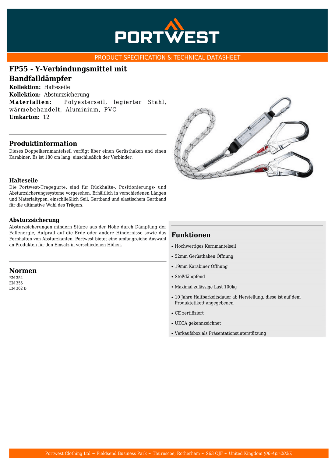 FP55 Y-Verbindungsmittel 1,8 m – Bandfalldämpfer mit Gerüsthaken | Absturzsicherung CE